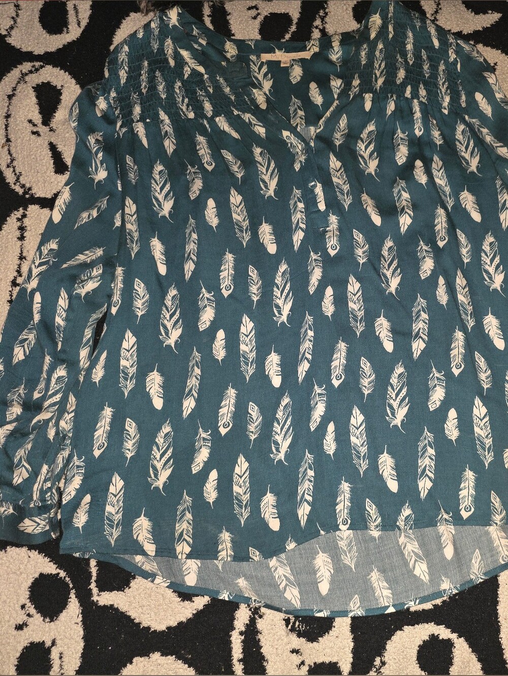My Danielle - Teal Feather Print Women's Blouse (L)